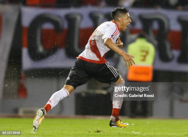 Enzo Perez of River Plate celebrates after scoring the fourth goal of his team during a second leg match between River Plate and Wilstermann as part...