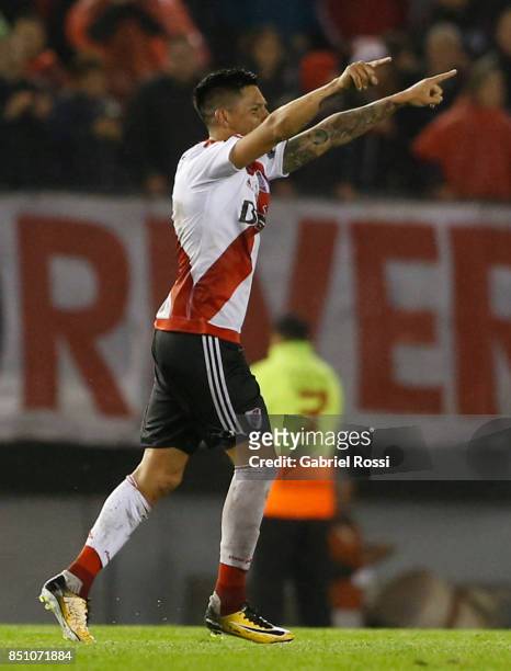 Enzo Perez of River Plate celebrates after scoring the fourth goal of his team during a second leg match between River Plate and Wilstermann as part...