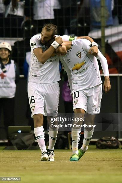 Ecuador's Liga de Quito players Hernan Barcos and Jose Cevallos celebrate a goal against Fluminense from Brazil during their 2017 Sudamericana Cup...