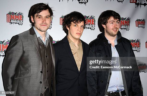 Jack Savage, Ed McFarlane and Edd Gibso of The Friendly Fires attend the Shockwaves NME Awards at O2 Academy Brixton on February 25, 2009 in London,...