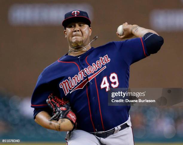 Adalberto Mejia of the Minnesota Twins pitches against the Detroit Tigers during the second inning at Comerica Park on September 21, 2017 in Detroit,...