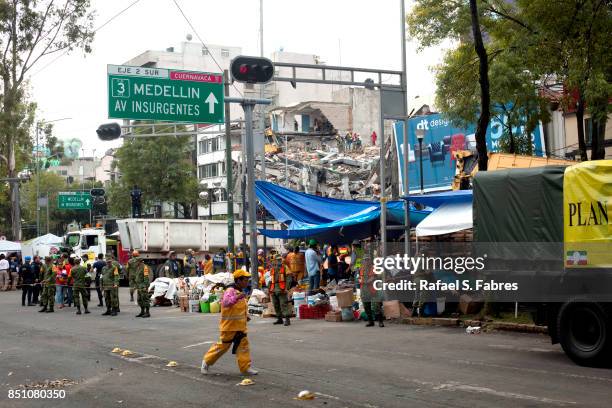 Rescue operations continue on September 21, 2017 in Mexico City, Mexico. Emergency workers continue to search the rubble after a 7.1 magnitude...