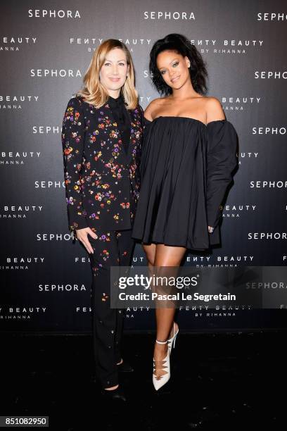 Rihanna poses with Kristine Walcott during the Fenty Beauty by Rihanna Paris launch party hosted by Sephora at Jardin des Tuileries on September 21,...