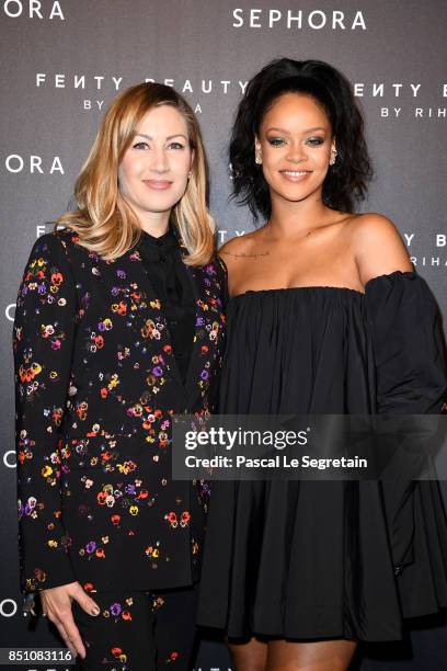 Rihanna poses with Kristine Walcott during the Fenty Beauty by Rihanna Paris launch party hosted by Sephora at Jardin des Tuileries on September 21,...