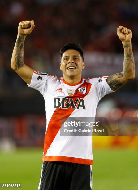 Enzo Perez of River Plate celebrates after scoring the eighth goal of his team during a second leg match between River Plate and Wilstermann as part...