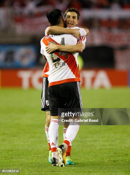 Enzo Perez of River Plate celebrates after scoring the eighth goal of his team during a second leg match between River Plate and Wilstermann as part...
