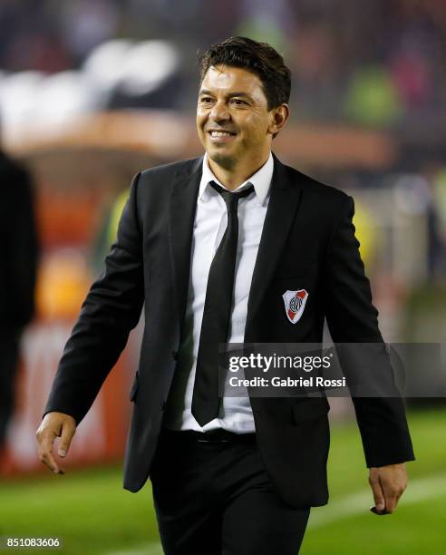 Marcelo Gallardo coach of River Plate of River Plate celebrates after wining the second leg match between River Plate and Wilstermann as part of the...