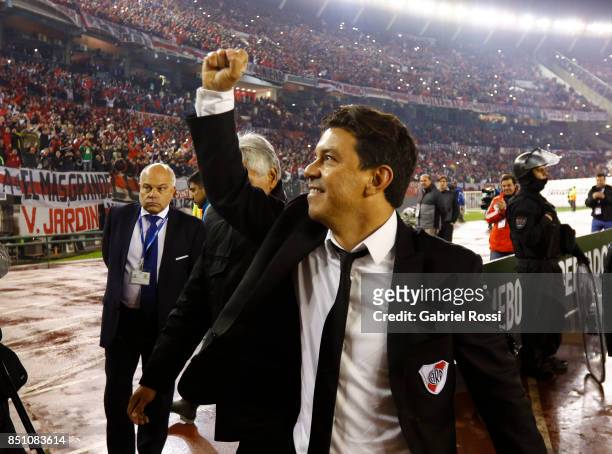 Marcelo Gallardo coach of River Plate of River Plate celebrates after wining the second leg match between River Plate and Wilstermann as part of the...