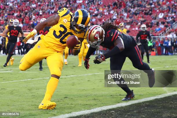 Todd Gurley of the Los Angeles Rams rushes for a touchdown against the San Francisco 49ers during their NFL game at Levi's Stadium on September 21,...