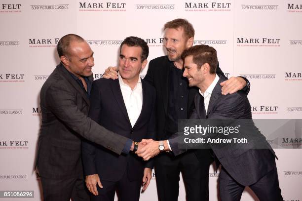Peter Landesman, Brian d'Arcy James, Liam Neeson and Julian Morris attend "Mark Felt The Man Who Brought Down The White House" New York premiere at...