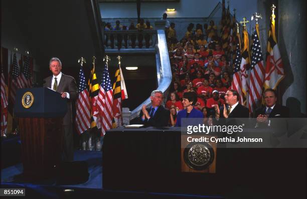 President Bill Clinton speaks as Governor Parris Glendening, Lt. Governor Kathleen Kennedy Townsend, House Speaker Casper Taylor, and Senate...