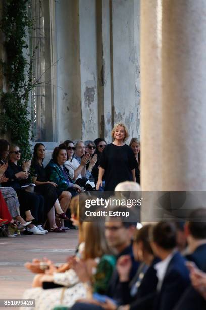 Designer Alberta Ferretti walks the runway at the Alberta Ferretti show during Milan Fashion Week Spring/Summer 2018 on September 20, 2017 in Milan,...