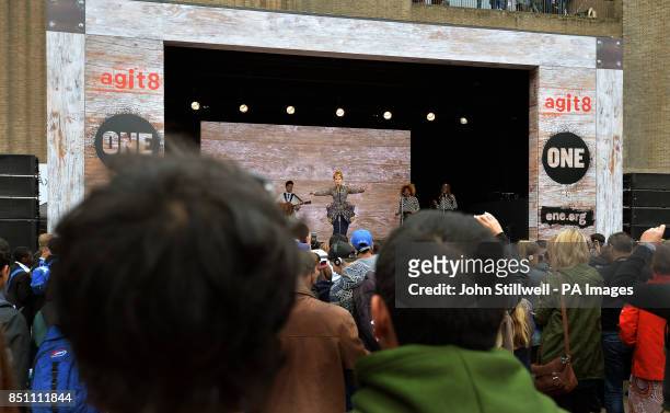 Paloma Faith sings on stage at the start of the agit8 campaign outside the Tate Modern Art gallery, which is a new music-based campaign designed to...
