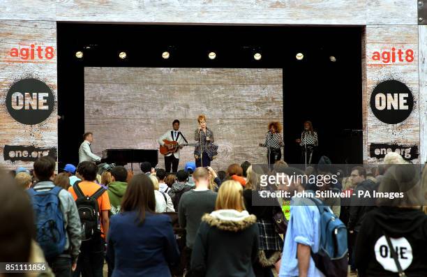 Paloma Faith sings on stage at the start of the agit8 campaign outside the Tate Modern Art gallery, which is a new music-based campaign designed to...