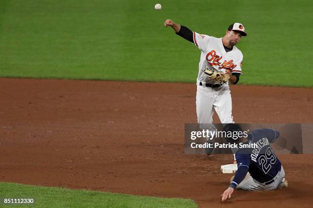 Hardy of the Baltimore Orioles forces out Daniel Robertson of the Tampa Bay Rays in the eighth inning at Oriole Park at Camden Yards on September 21,...