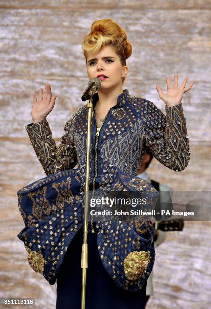 Paloma Faith sings on stage at the start of the agit8 campaign outside the Tate Modern Art gallery, which is a new music-based campaign designed to...