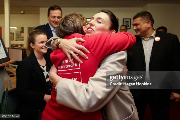 Labour leader Jacinda Ardern hugs a supporter during a visit to Rongotai candidate Paul Eagle's phone bank on September 21, 2017 in Wellington, New...