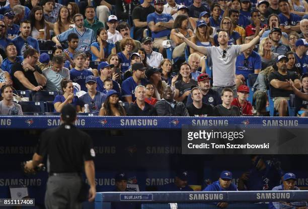 Fan reacts towards home plate umpire Ben May after Kevin Pillar of the Toronto Blue Jays was called out on strikes in the fourth inning during MLB...