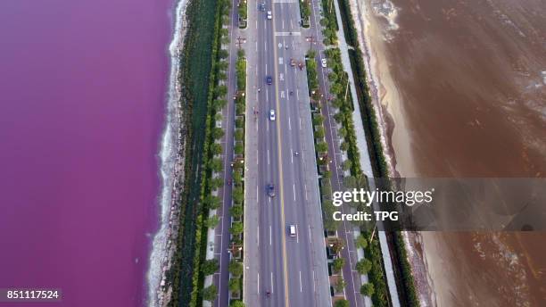 Colorful Salt Lake attracts many tourists to come on 21th September, 2017 in Yuncheng, Shanxi, China.