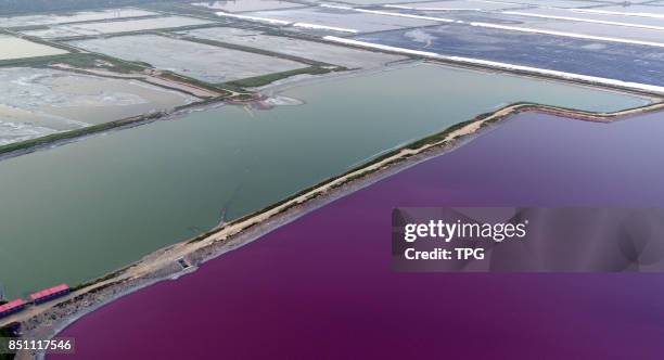 Colorful Salt Lake attracts many tourists to come on 21th September, 2017 in Yuncheng, Shanxi, China.