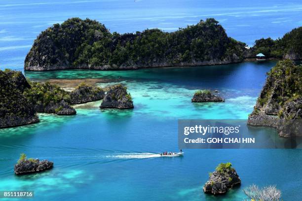 This photo taken on August 21, 2017 shows the blue sea around Raja Ampat -- which means Four Kings in Indonesian, in Indonesia's far eastern Papua. -...