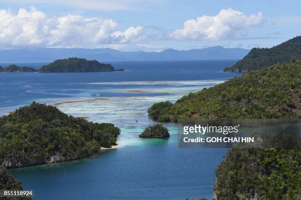 This photo taken on August 21, 2017 shows the blue sea around Raja Ampat -- which means Four Kings in Indonesian, in Indonesia's far eastern Papua. -...