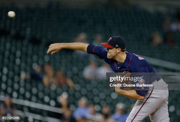 Matt Belisle of the Minnesota Twins pitches ;all during the ninth inning at Comerica Park on September 21, 2017 in Detroit, Michigan. The Twins...