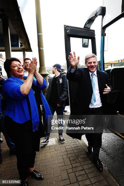 National Party leader Bill English arrives in Pokeno on September 22, 2017 in Auckland, New Zealand. Voters head to the polls on Saturday to elect...
