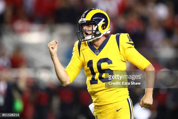 Jared Goff of the Los Angeles Rams celebrates after a touchdown against the San Francisco 49ers during their NFL game at Levi's Stadium on September...
