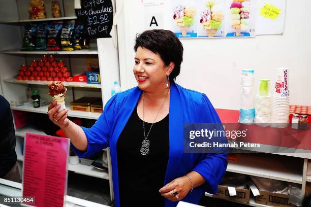 National Party deputy leader Paula Bennett serves ice-creams in Pokeno on September 22, 2017 in Auckland, New Zealand. Voters head to the polls on...