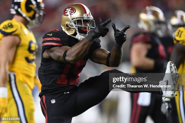 Pierre Garcon of the San Francisco 49ers reacts to a play against the Los Angeles Rams during their NFL game at Levi's Stadium on September 21, 2017...