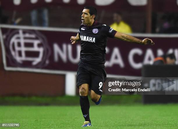 Jose Sand of Lanus celebrates after scoring the first goal of his team during the second leg match between Lanus and San Lorenzo as part of the...