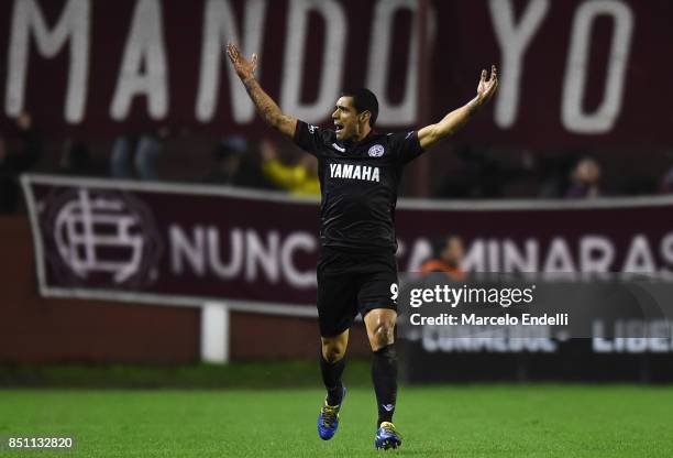 Jose Sand of Lanus celebrates after scoring the first goal of his team during the second leg match between Lanus and San Lorenzo as part of the...