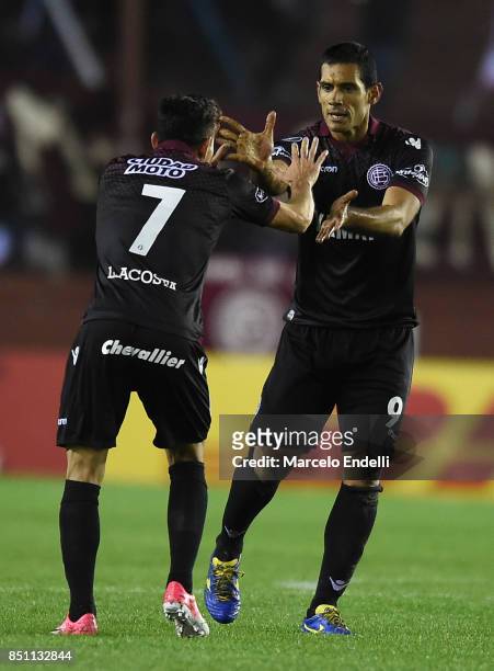 Jose Sand of Lanus celebrates after scoring the first goal of his team during the second leg match between Lanus and San Lorenzo as part of the...