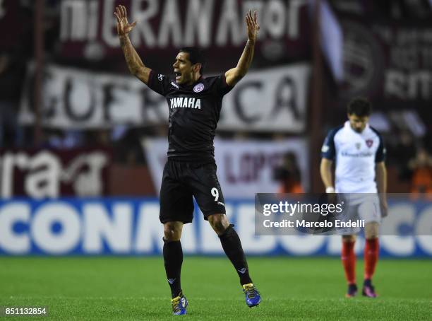 Jose Sand of Lanus celebrates after scoring the first goal of his team during the second leg match between Lanus and San Lorenzo as part of the...