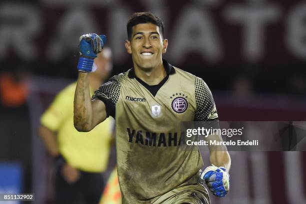 Esteban Andrada of Lanus celebrates after penalty shootout during the second leg match between Lanus and San Lorenzo as part of the quarter finals of...