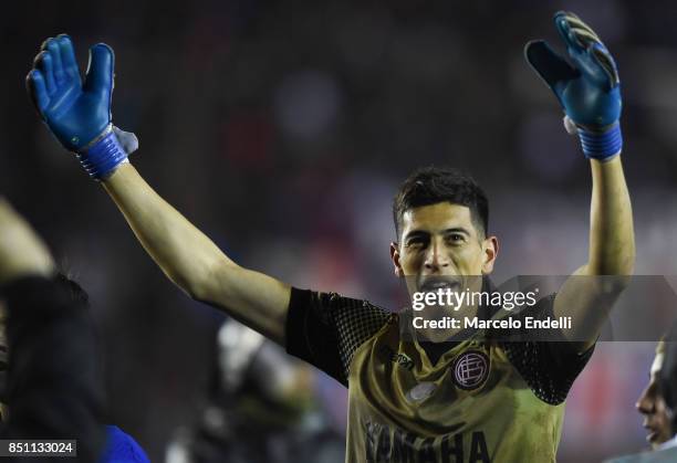 Esteban Andrada of Lanus celebrates after winning the second leg match between Lanus and San Lorenzo as part of the quarter finals of Copa Conmebol...