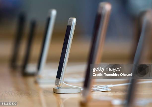 Apple iPhone 8 and iPhone 8 Plus are displayed for sale at the Apple Omotesando store on September 22, 2017 in Tokyo, Japan. Apple's iPhone 8 and...