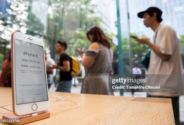 An Apple iPhone 8 is displayed for sale at the Apple Omotesando store on September 22, 2017 in Tokyo, Japan. Apple's iPhone 8 and iPhone 8 Plus went...