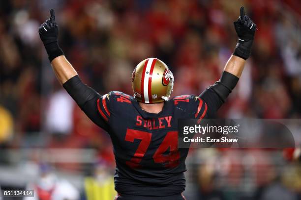 Joe Staley of the San Francisco 49ers celebrates after a play against the Los Angeles Rams during their NFL game at Levi's Stadium on September 21,...