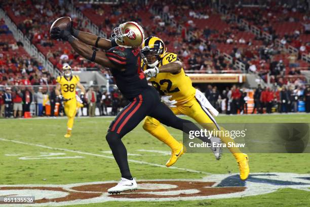 Pierre Garcon of the San Francisco 49ers makes a catch against the Los Angeles Rams during their NFL game at Levi's Stadium on September 21, 2017 in...