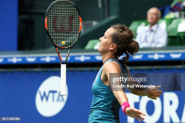 Barbora Strycova of Czech Republic in action in her quarter final match against Anastasia Pavlyuchenkova of Russia during day five of the Toray Pan...