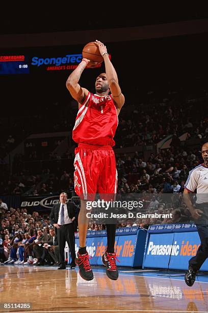 Tracy McGrady of the Houston Rockets takes a jump shot against the New York Knicks during the game on January 26, 2009 at Madison Square Garden in...