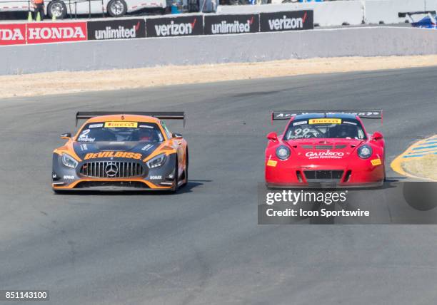 Ryan Dalziel , CRP Racing heads out of turn 7 in the Mercedes AMG GT3 and puts a pass move on Jon Fogarty , Gainsco/Bob Stallings Racing in the...