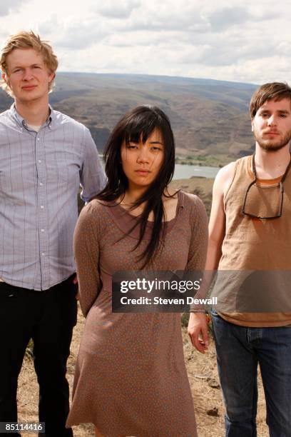 Photo of THAO WITH THE GET DOWN STAY DOWN and Thao NYUGEN and Willis THOMPSON and Adam THOMPSON, Posed group portrait L-R Willis Thompson, Thao...