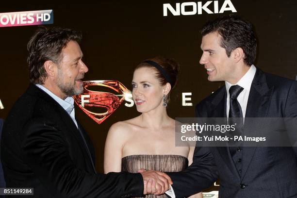 Russell Crowe, Amy Adams and Henry Cavill during the European premiere of Man of Steel at the Odeon Leicester Square, London