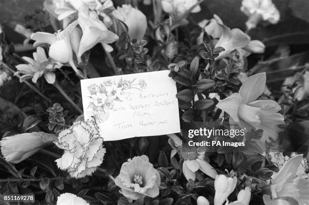 Wreath from artist Tom Keating at Putney Vale Crematorium, where the funeral service for Anthony Blunt took place. Blunt was the former Royal art...