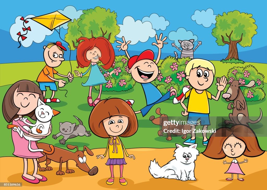 Niños De Dibujos Animados Con Animales Domésticos En El Parque Ilustración de stock - Getty Images Niños De Dibujos Animados Con Animales Domésticos En El Parque Ilustración de stock - Getty Images