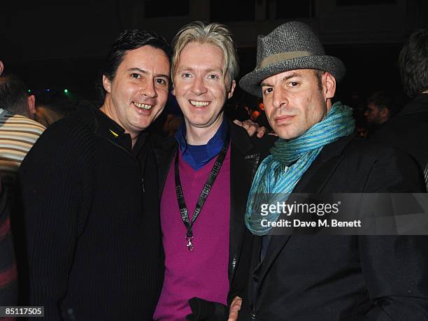 Dan Donovan, Philip Treacy and Stephan Bartlett attend the afterparty following the Shockwaves NME Awards 2009, at the O2 Brixton Academy on February...