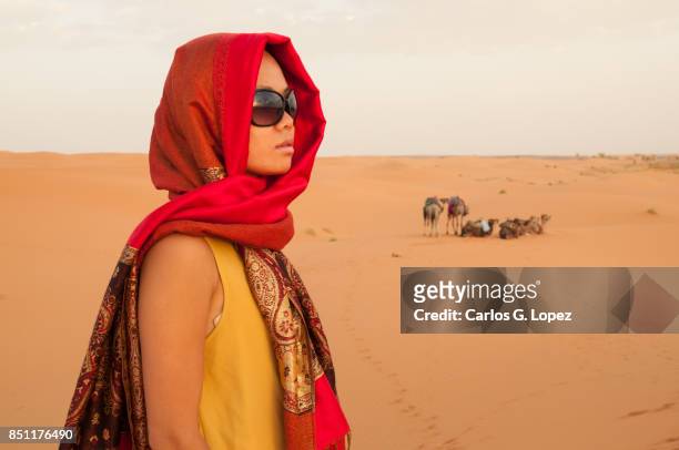 asian girl wearing head scarf looking away on the sahara desert - hot arabic girl stock pictures, royalty-free photos & images